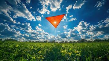 A red kite flying in a field photo