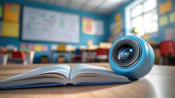 A blue camera is sitting on top of an open book photo