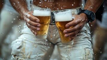 A man holding two beer glasses in the rain photo