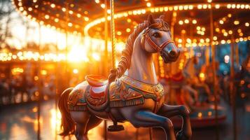 A carousel horse is shown in front of a bright sun photo