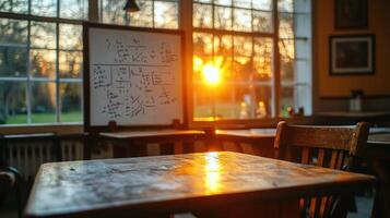 A table with chairs and a whiteboard in front of a window photo