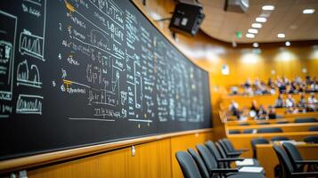 A lecture hall with chairs and a blackboard photo