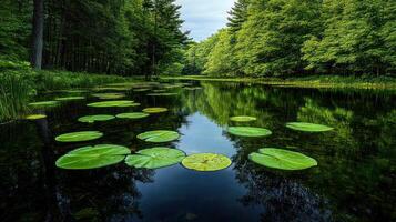A pond with lily pads in the middle of a forest photo