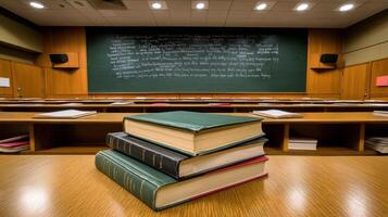 A stack of books on a table in front of a chalkboard photo