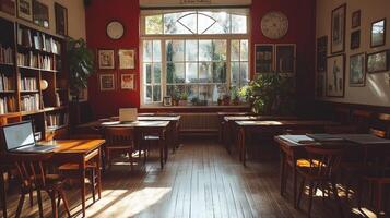 A room with a lot of tables and chairs photo