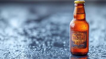 A beer bottle sitting on a wet surface photo