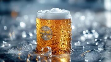 A beer is sitting on a table with ice photo