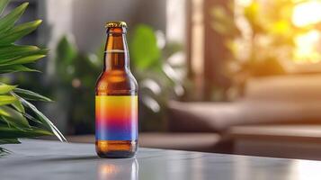 Beer bottle mockup on table with plant photo