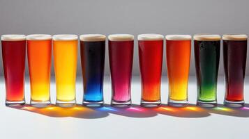 A row of beer glasses with different colored liquid photo
