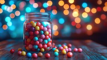 Colorful candies in a jar on a wooden table with blurred lights photo