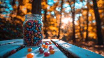 A jar of colorful candies on a table in the woods photo