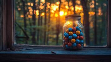 A jar filled with colorful candies sitting on a window sill photo