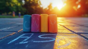 Colorful chalk on the ground with the sun in the background photo