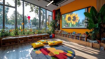 A children's playroom with a large screen and plants photo