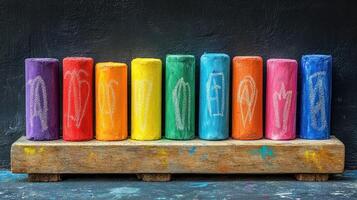 A row of colorful crayons on a wooden block photo