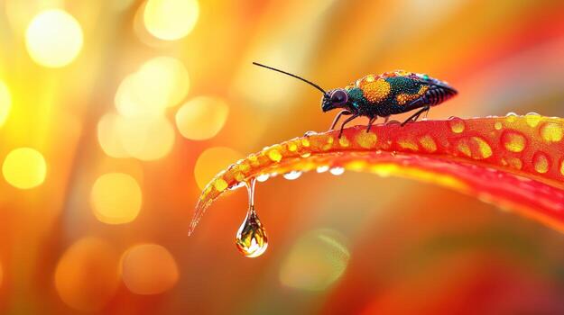 A bug is sitting on a leaf with water droplets photo