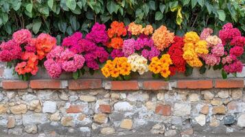 A wall with many colorful flowers photo