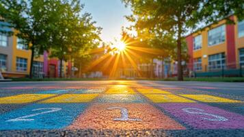 Colorful numbers painted on the ground in front of a school photo