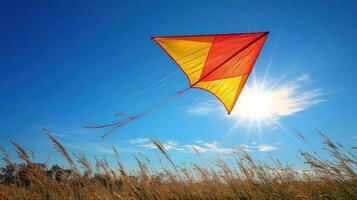A kite flying in a field with tall grass photo