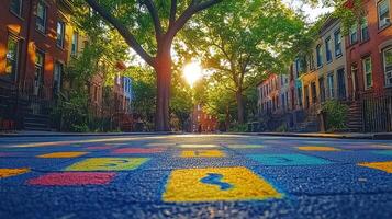 A colorful playground with a street in the background photo