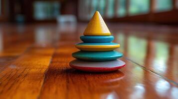 A stack of wooden toys on a wooden floor photo