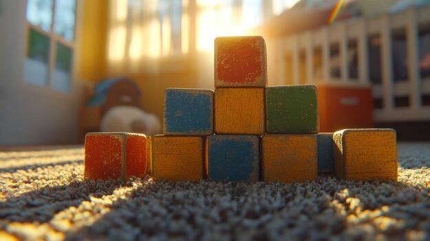 A pile of wooden blocks on the floor in front of a window photo