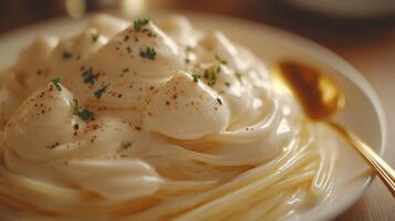 A white plate topped with a bowl of pasta photo