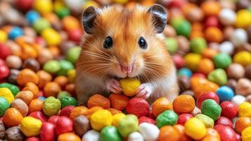 A hamster is eating a bunch of colorful candy photo