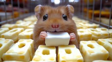 A hamster eating a block of cheese photo