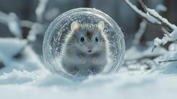 A hamster in a glass tube in the snow photo