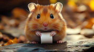 A hamster is holding a roll of toilet paper photo
