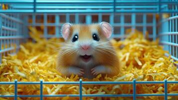 A hamster in a cage with yellow hay photo