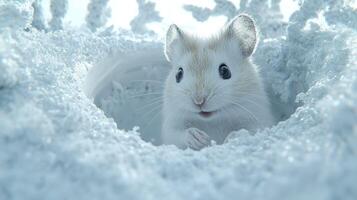 A white mouse is peeking out of a hole in the snow photo