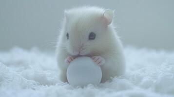 A small white hamster holding an egg photo