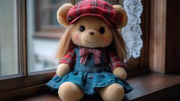 A teddy bear sitting on a window sill photo
