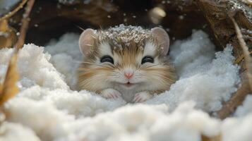 A small hamster is hiding in the snow photo