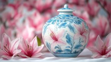 A blue and white vase with pink flowers photo