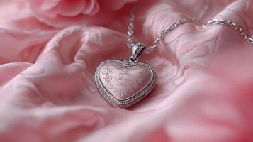 A heart shaped locket with a pink rose on top photo