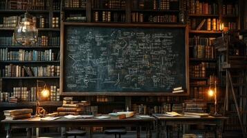 An old school room with a chalkboard and bookshelves photo