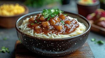 A bowl of noodles with sauce and vegetables photo