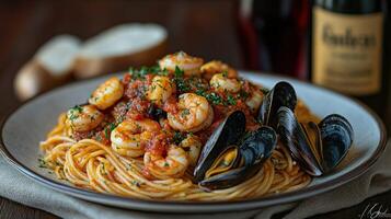 A plate of pasta with shrimp and mussels photo