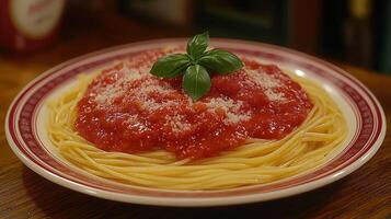A plate of spaghetti with tomato sauce and basil photo