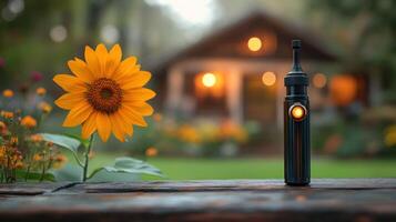 A black electronic cigarette sitting on a wooden table with a sunflower in the background photo