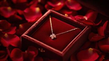 A diamond necklace in a red box with red petals photo
