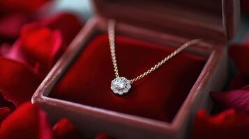 A diamond necklace in a box with red roses photo