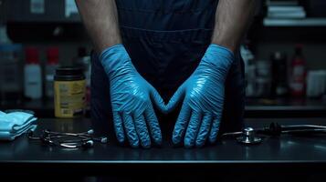 A person wearing blue gloves and holding a stethoscope photo