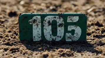 A green and white number sign in the dirt photo