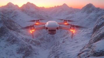 A white drone flying over a mountain range photo