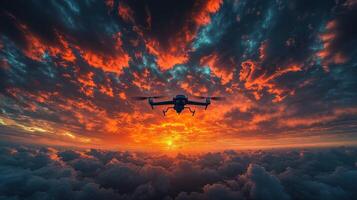 A drone flying over the clouds at sunset photo