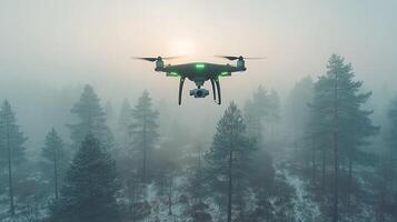 A drone flying over a forest with trees photo